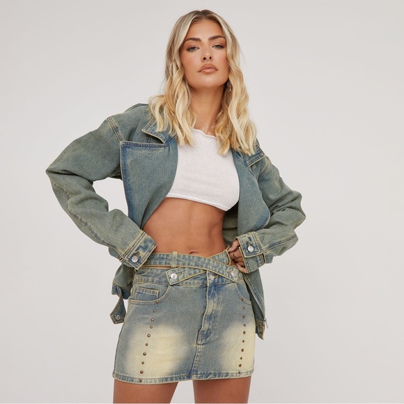 EGO Strappy Waist Belted Studded Mini Skirt In Blue Vintage Washed Denim Size 4 - Picture 1 of 11